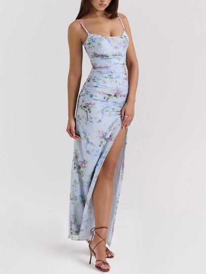 Blue loral print mesh maxi dress