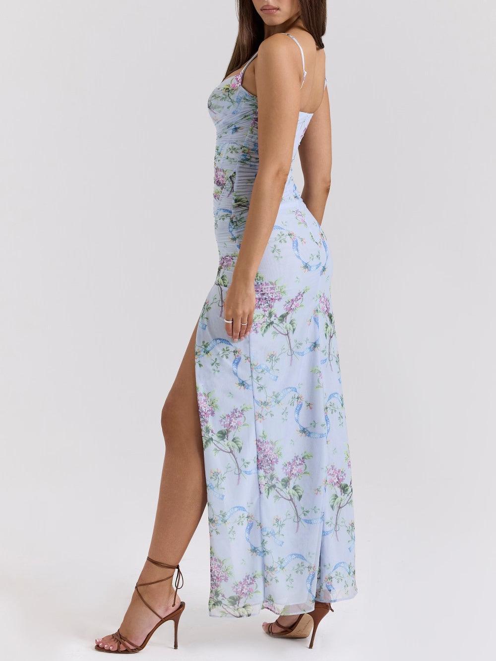 Blue loral print mesh maxi dress