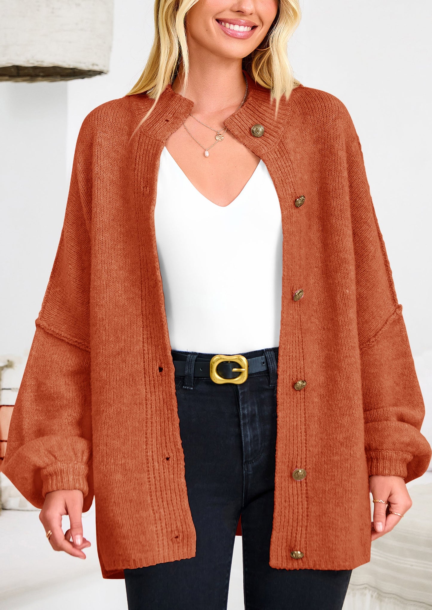 PRETTYGARDEN Women's Winter Button Down Cardigan Sweaters Mock Neck Lantern Long Sleeve Chunky Knit Jacket Trendy Outerwear