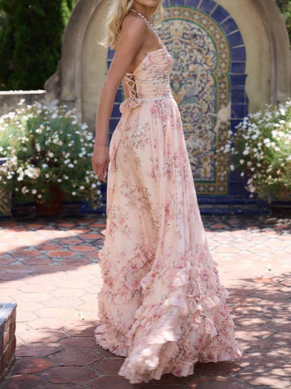 Floral Faux Pearl Frill Split Maxi Dress