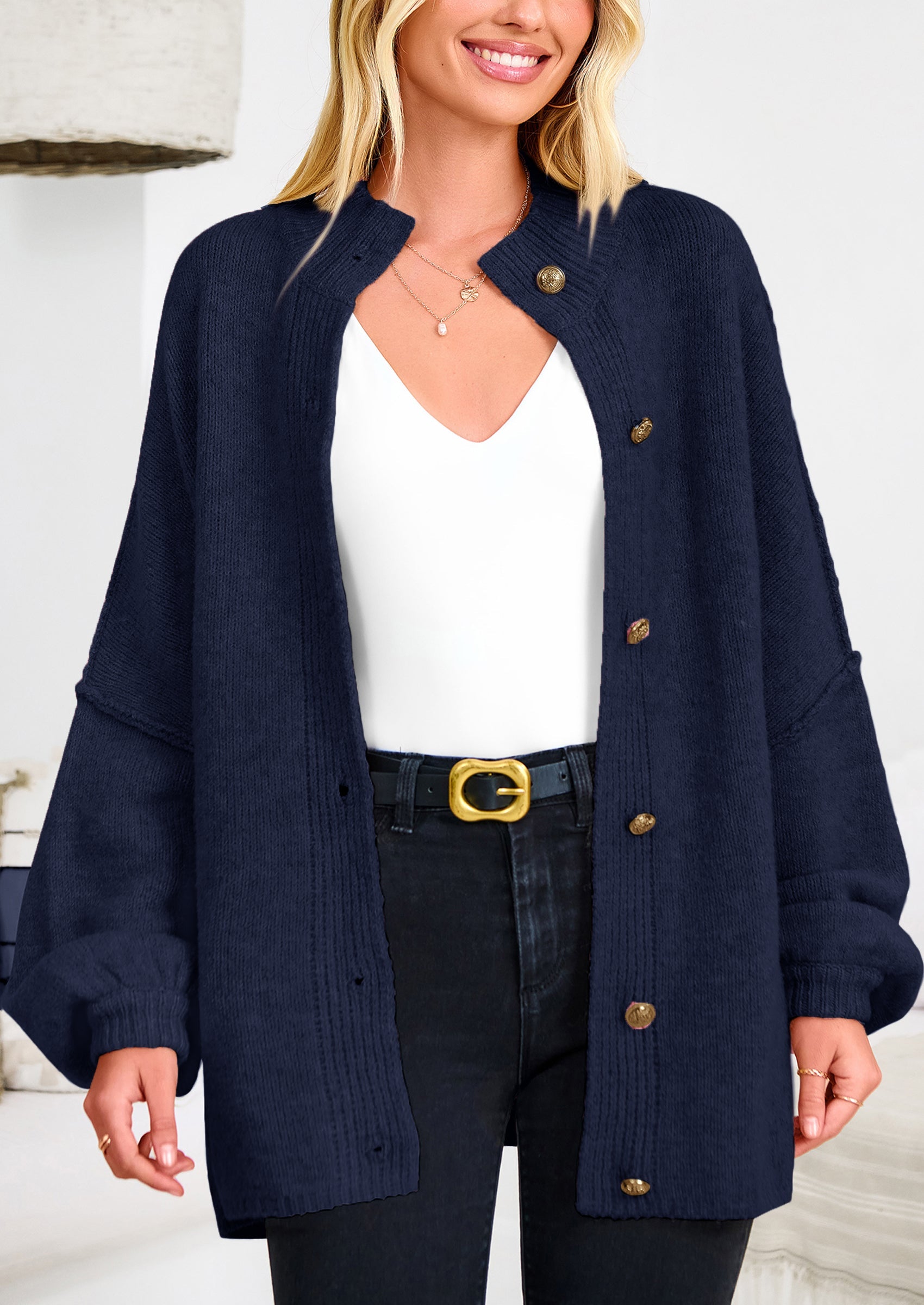 PRETTYGARDEN Women's Winter Button Down Cardigan Sweaters Mock Neck Lantern Long Sleeve Chunky Knit Jacket Trendy Outerwear