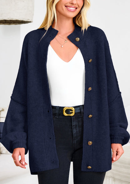 PRETTYGARDEN Women's Winter Button Down Cardigan Sweaters Mock Neck Lantern Long Sleeve Chunky Knit Jacket Trendy Outerwear