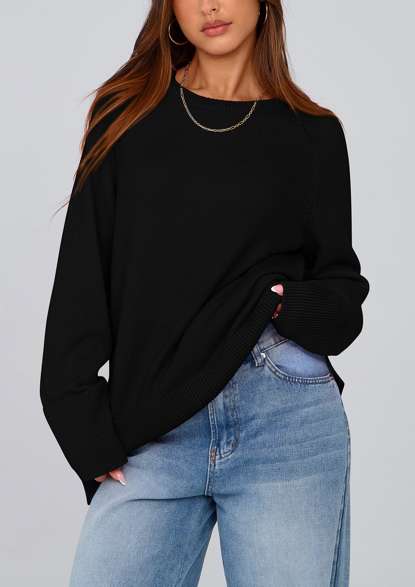 PRETTYGARDEN Women's Knit Fall Sweaters Long Sleeve Pullover Crewneck Split Hem Oversized Tunic Sweater Tops Winter Clothing