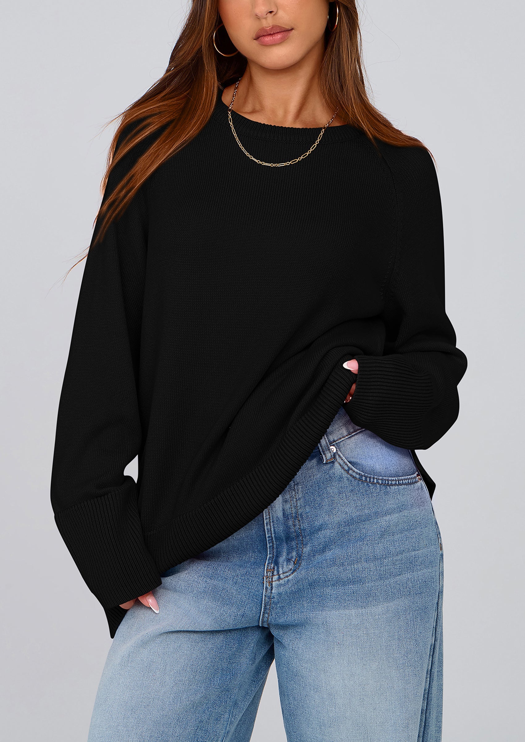 PRETTYGARDEN Women's Knit Fall Sweaters Long Sleeve Pullover Crewneck Split Hem Oversized Tunic Sweater Tops Winter Clothing