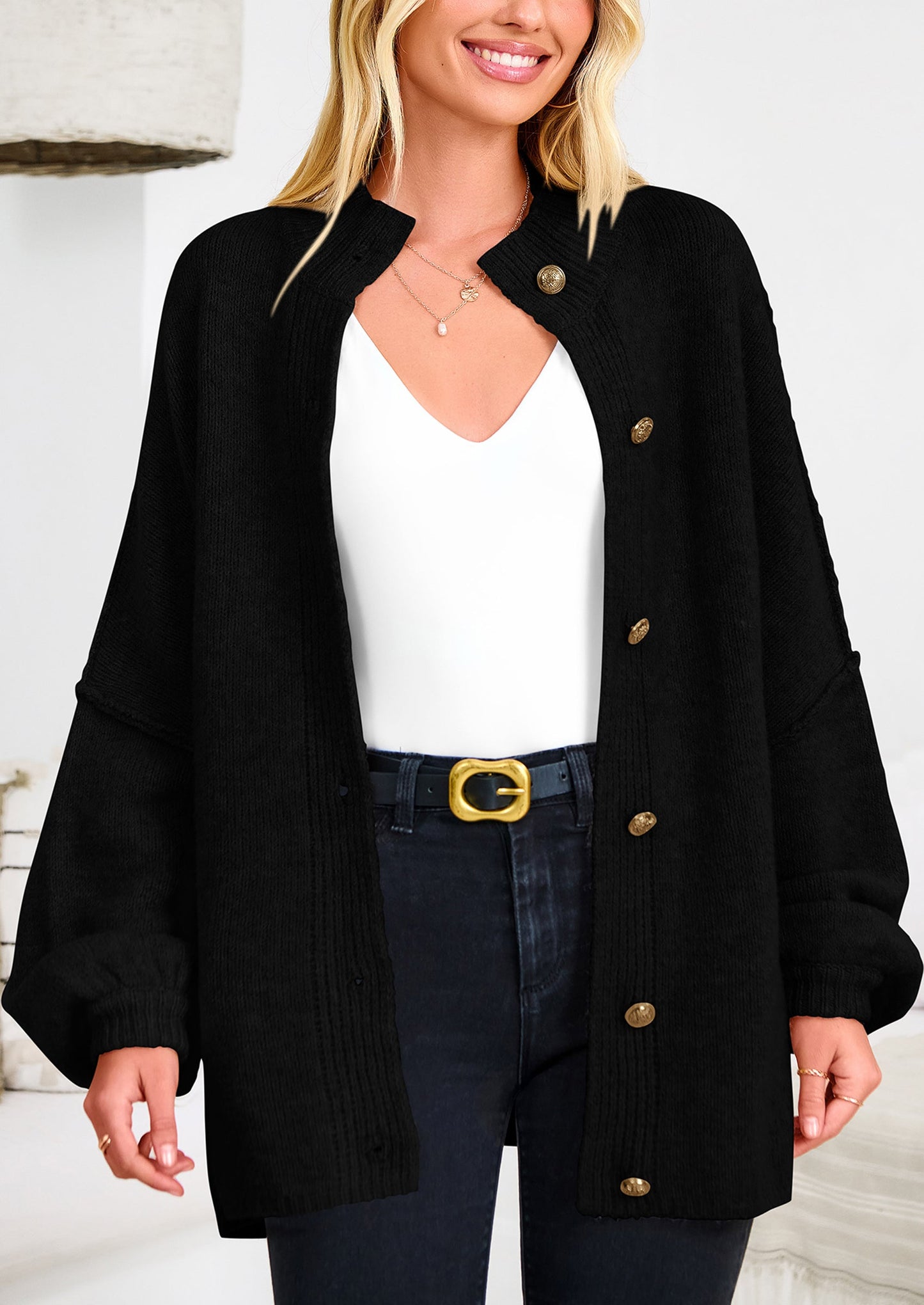 PRETTYGARDEN Women's Winter Button Down Cardigan Sweaters Mock Neck Lantern Long Sleeve Chunky Knit Jacket Trendy Outerwear