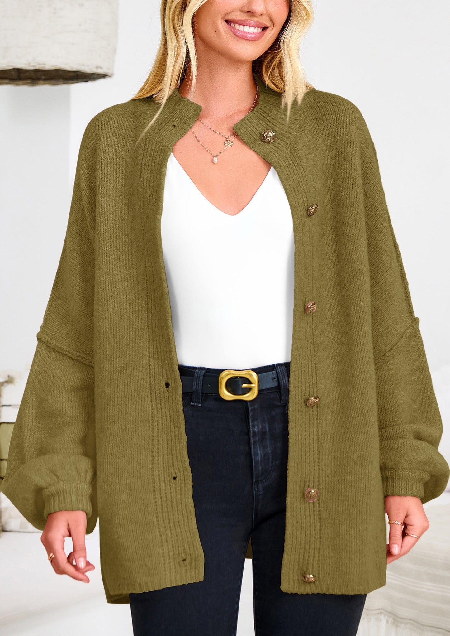 PRETTYGARDEN Women's Winter Button Down Cardigan Sweaters Mock Neck Lantern Long Sleeve Chunky Knit Jacket Trendy Outerwear