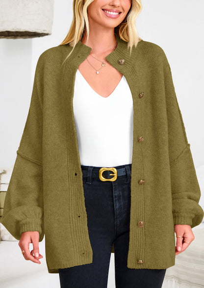 PRETTYGARDEN Women's Winter Button Down Cardigan Sweaters Mock Neck Lantern Long Sleeve Chunky Knit Jacket Trendy Outerwear