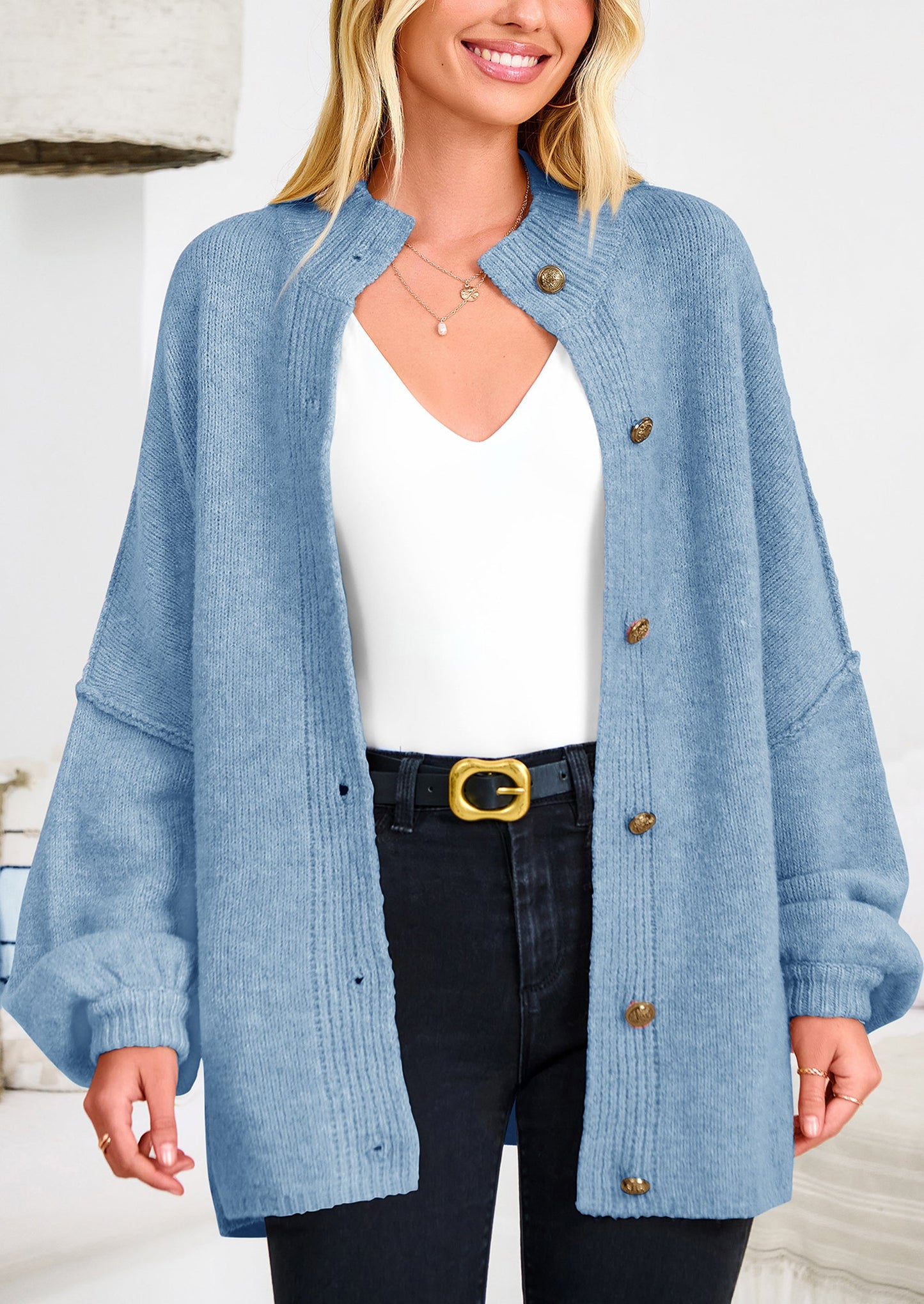 PRETTYGARDEN Women's Winter Button Down Cardigan Sweaters Mock Neck Lantern Long Sleeve Chunky Knit Jacket Trendy Outerwear