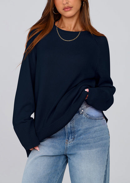 PRETTYGARDEN Women's Knit Fall Sweaters Long Sleeve Pullover Crewneck Split Hem Oversized Tunic Sweater Tops Winter Clothing