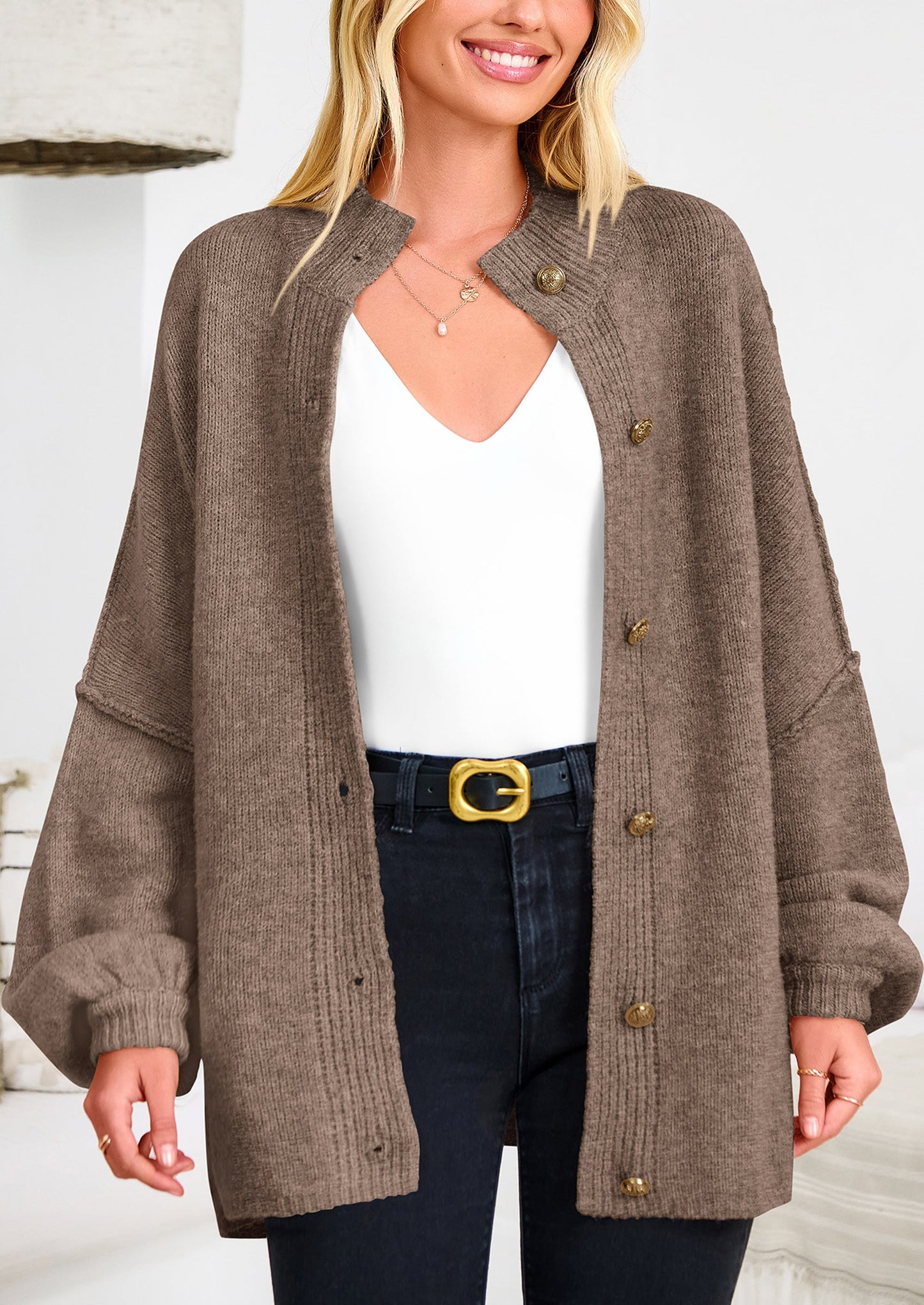 PRETTYGARDEN Women's Winter Button Down Cardigan Sweaters Mock Neck Lantern Long Sleeve Chunky Knit Jacket Trendy Outerwear