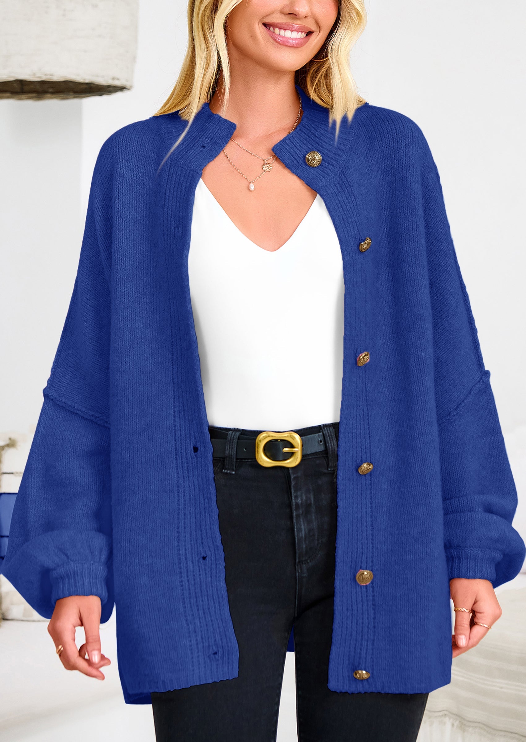 PRETTYGARDEN Women's Winter Button Down Cardigan Sweaters Mock Neck Lantern Long Sleeve Chunky Knit Jacket Trendy Outerwear