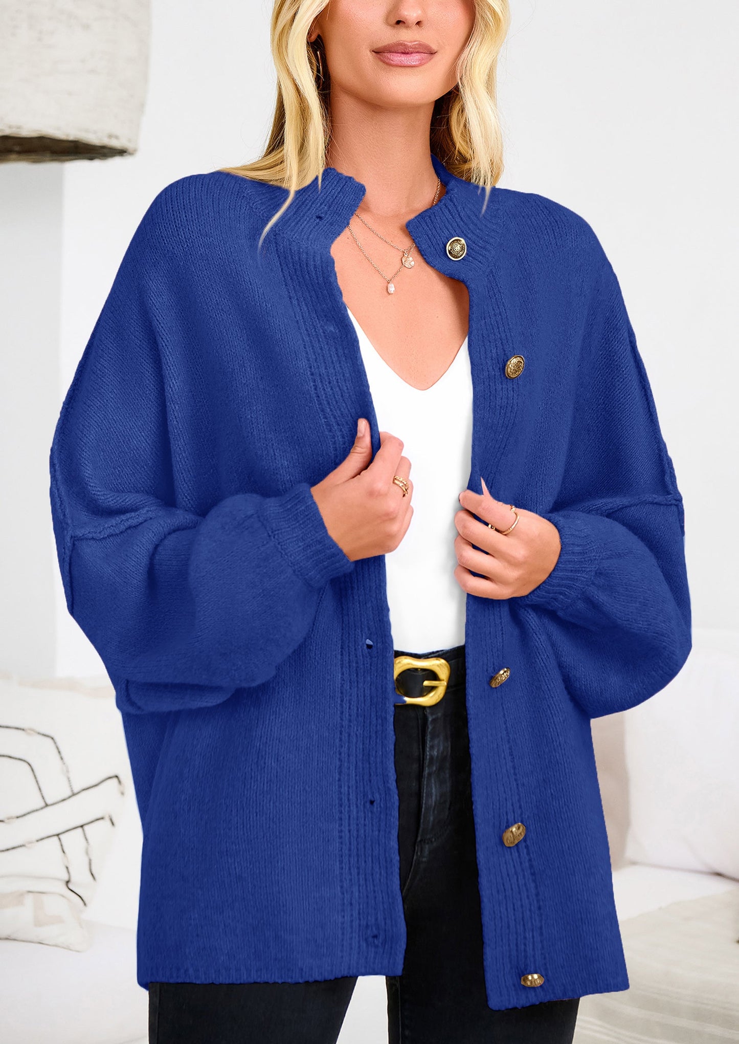 PRETTYGARDEN Women's Winter Button Down Cardigan Sweaters Mock Neck Lantern Long Sleeve Chunky Knit Jacket Trendy Outerwear