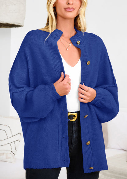 PRETTYGARDEN Women's Winter Button Down Cardigan Sweaters Mock Neck Lantern Long Sleeve Chunky Knit Jacket Trendy Outerwear