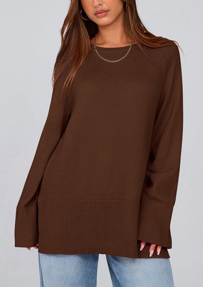 PRETTYGARDEN Women's Knit Fall Sweaters Long Sleeve Pullover Crewneck Split Hem Oversized Tunic Sweater Tops Winter Clothing