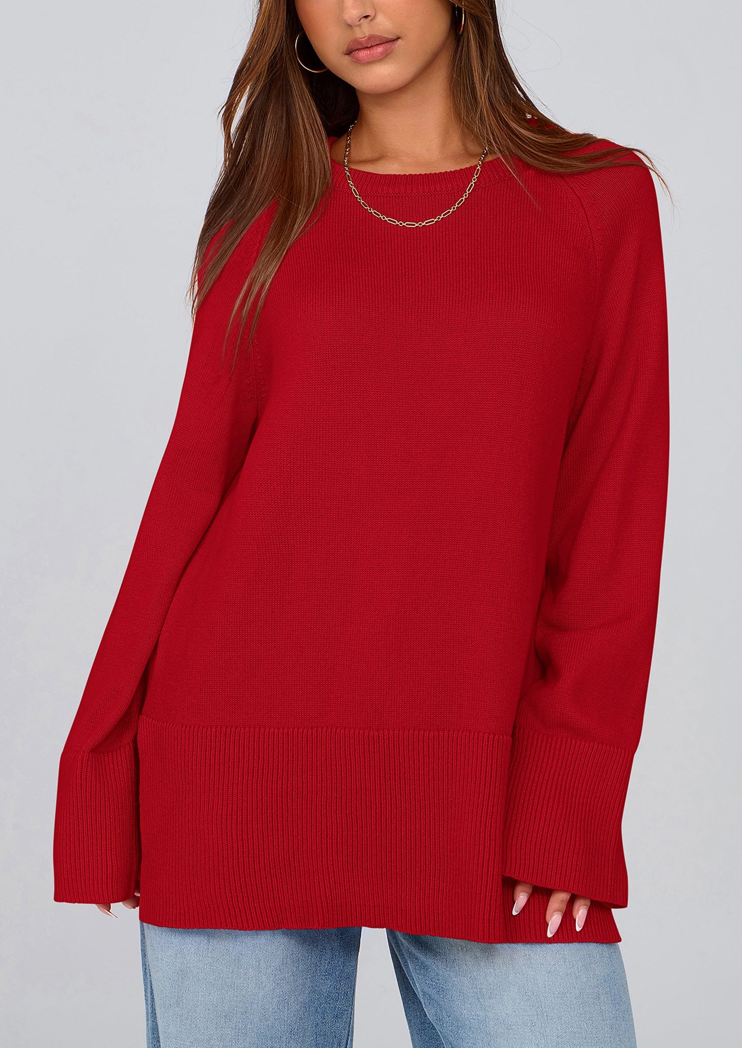 PRETTYGARDEN Women's Knit Fall Sweaters Long Sleeve Pullover Crewneck Split Hem Oversized Tunic Sweater Tops Winter Clothing