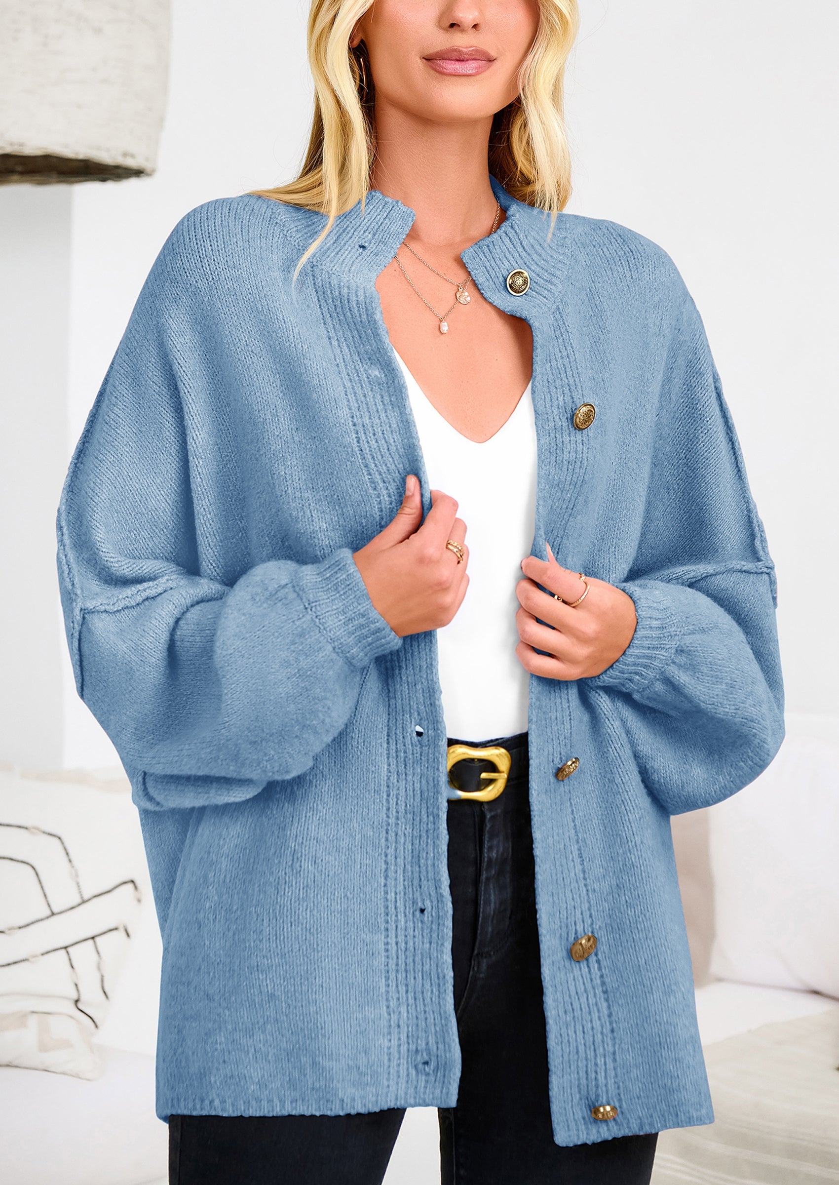 PRETTYGARDEN Women's Winter Button Down Cardigan Sweaters Mock Neck Lantern Long Sleeve Chunky Knit Jacket Trendy Outerwear