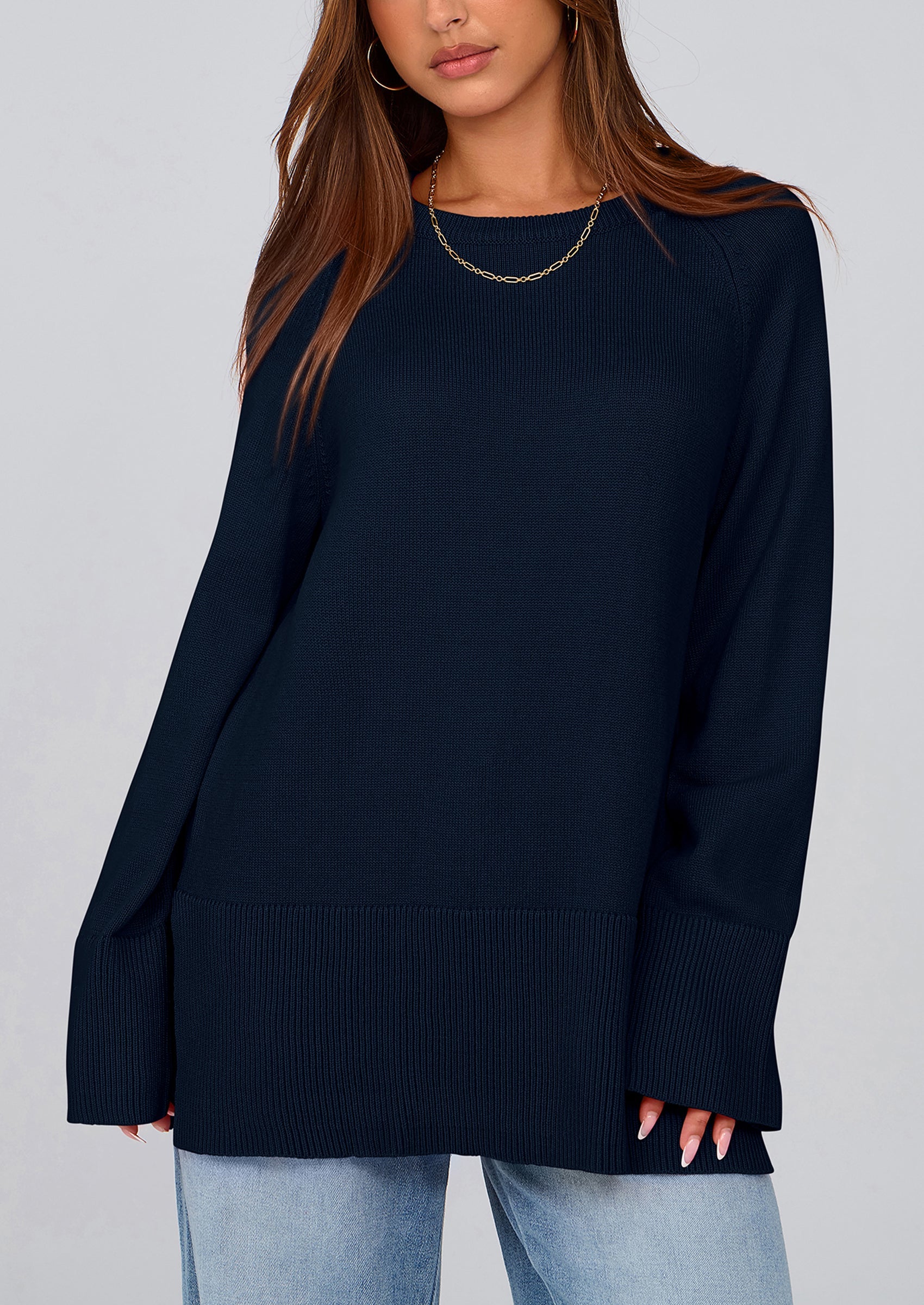 PRETTYGARDEN Women's Knit Fall Sweaters Long Sleeve Pullover Crewneck Split Hem Oversized Tunic Sweater Tops Winter Clothing