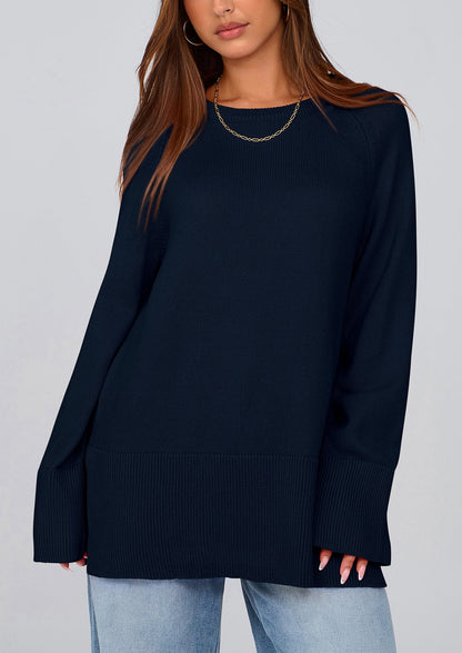 PRETTYGARDEN Women's Knit Fall Sweaters Long Sleeve Pullover Crewneck Split Hem Oversized Tunic Sweater Tops Winter Clothing