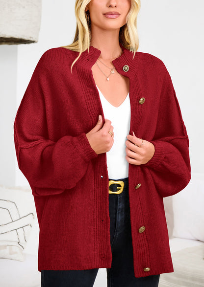 PRETTYGARDEN Women's Winter Button Down Cardigan Sweaters Mock Neck Lantern Long Sleeve Chunky Knit Jacket Trendy Outerwear