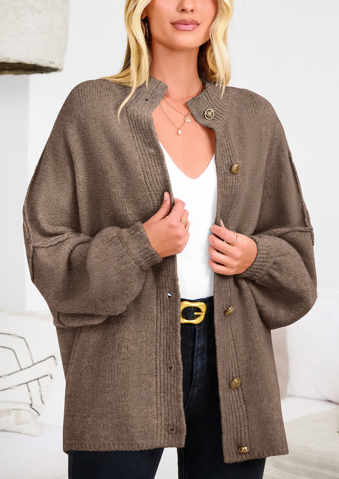 PRETTYGARDEN Women's Winter Button Down Cardigan Sweaters Mock Neck Lantern Long Sleeve Chunky Knit Jacket Trendy Outerwear