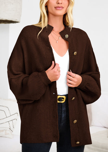 PRETTYGARDEN Women's Winter Button Down Cardigan Sweaters Mock Neck Lantern Long Sleeve Chunky Knit Jacket Trendy Outerwear