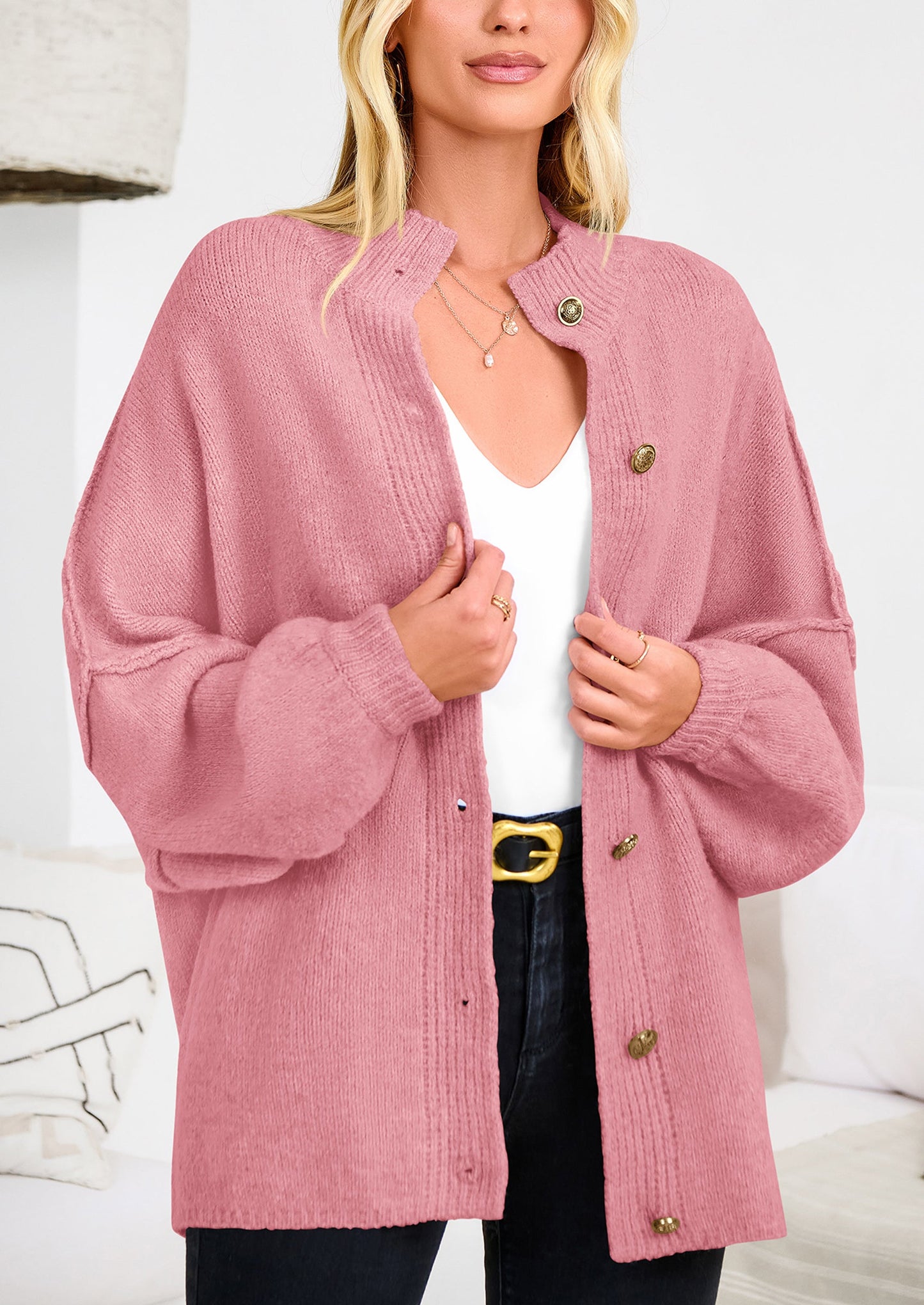 PRETTYGARDEN Women's Winter Button Down Cardigan Sweaters Mock Neck Lantern Long Sleeve Chunky Knit Jacket Trendy Outerwear