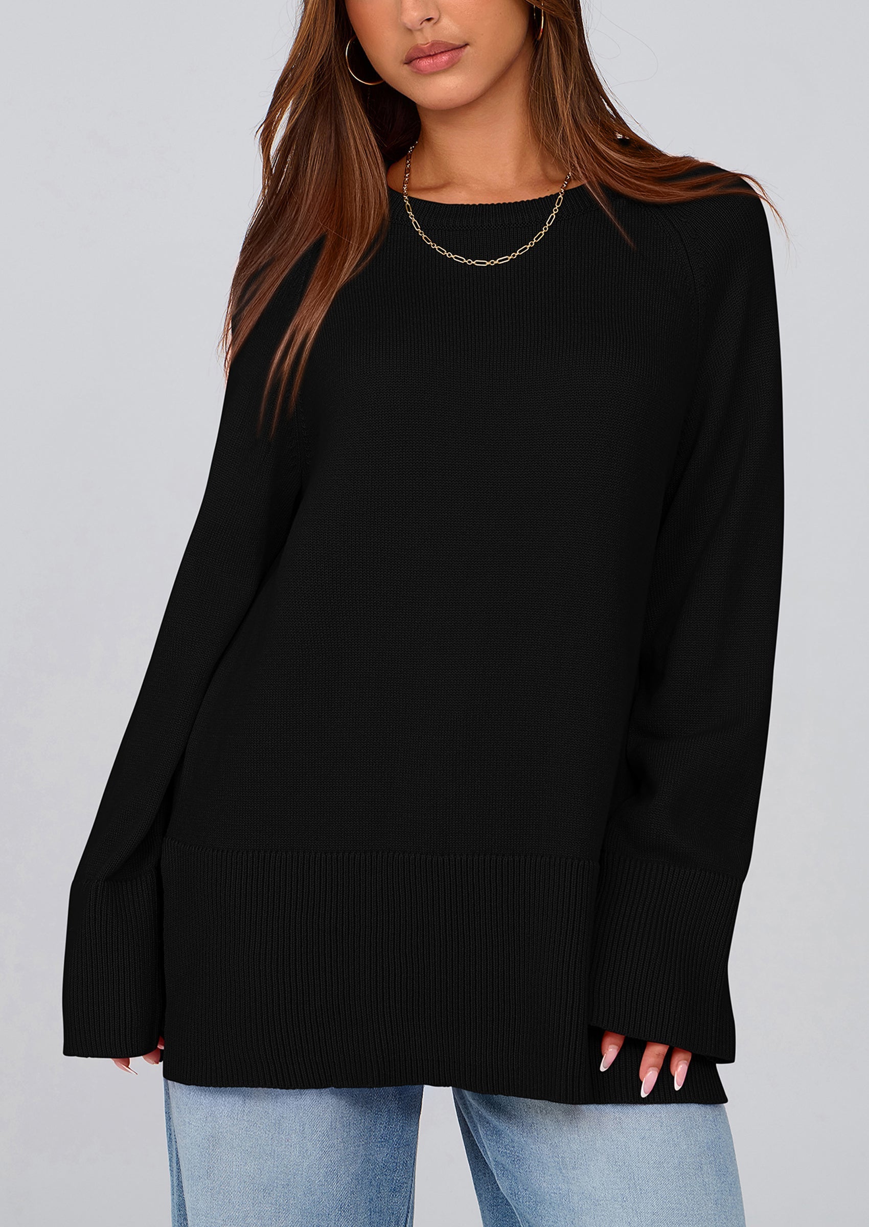 PRETTYGARDEN Women's Knit Fall Sweaters Long Sleeve Pullover Crewneck Split Hem Oversized Tunic Sweater Tops Winter Clothing