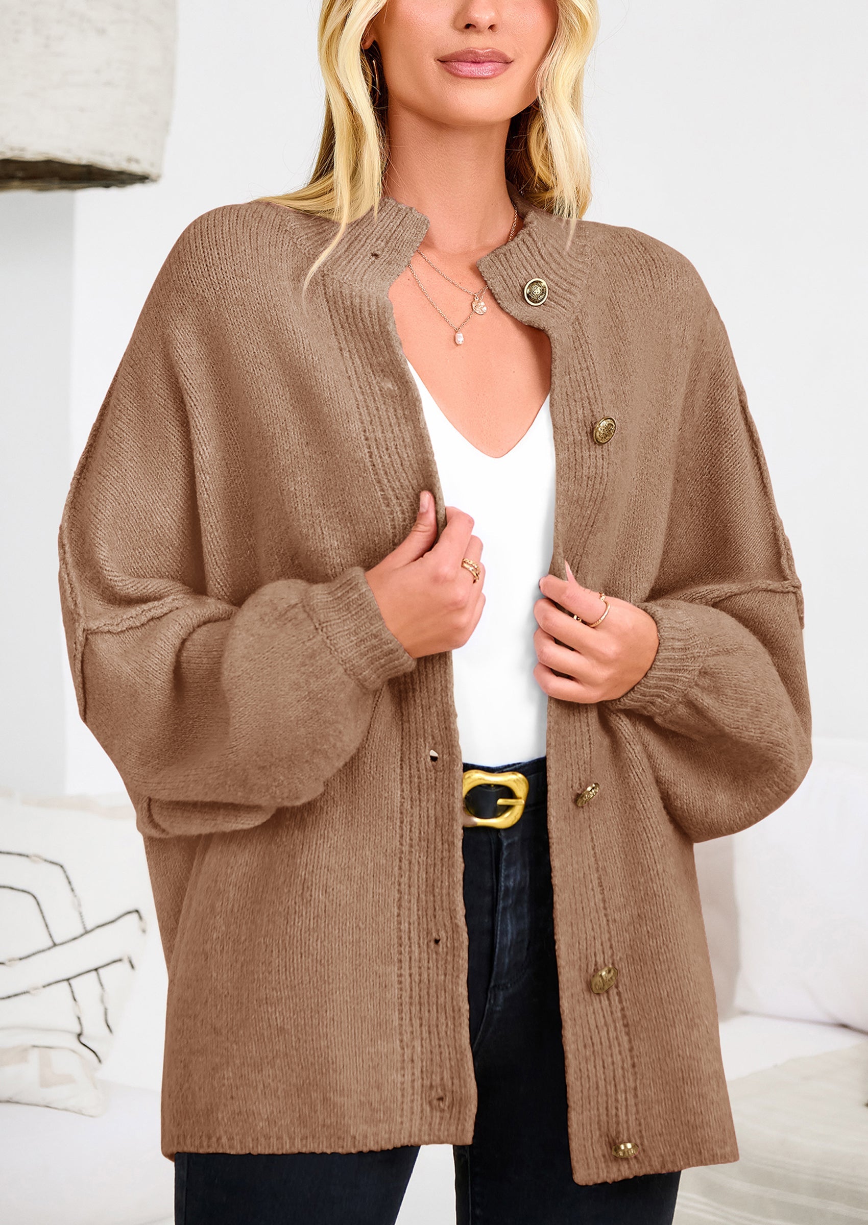 PRETTYGARDEN Women's Winter Button Down Cardigan Sweaters Mock Neck Lantern Long Sleeve Chunky Knit Jacket Trendy Outerwear