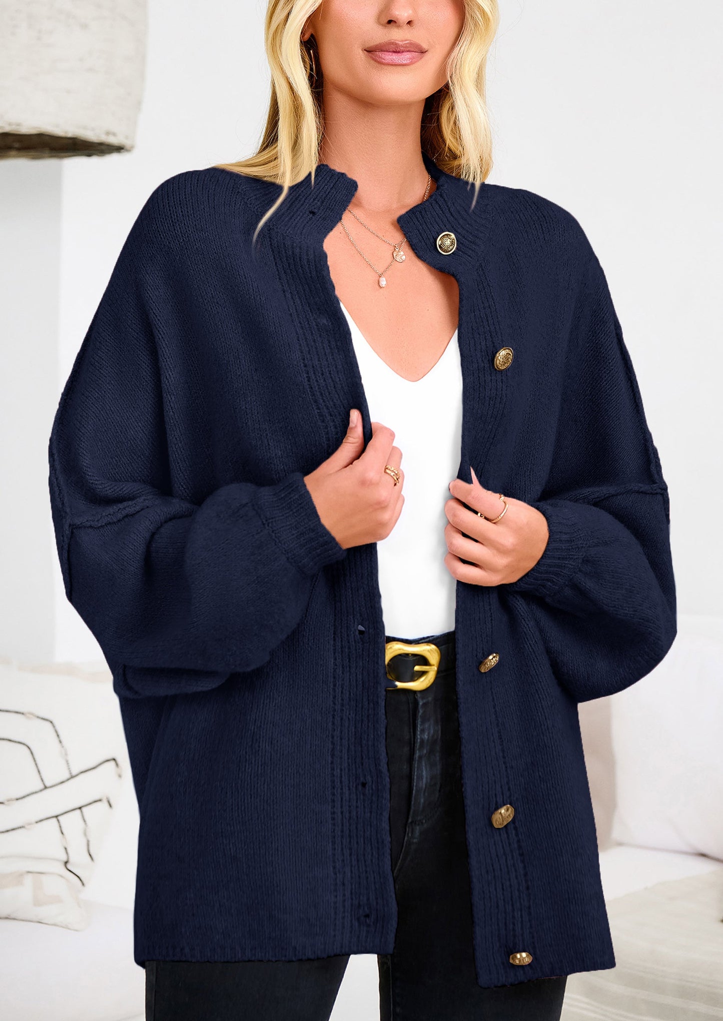 PRETTYGARDEN Women's Winter Button Down Cardigan Sweaters Mock Neck Lantern Long Sleeve Chunky Knit Jacket Trendy Outerwear