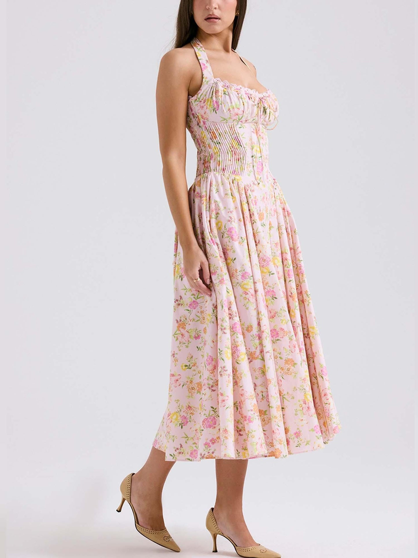 Romantic Floral Corset Midi Dress