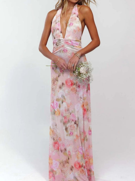 Lucy Floral Halter Neck Deep V Maxi Dress