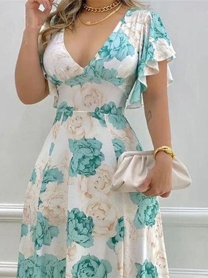 Plus Size Floral Print V-Neck Maxi Dress with Flutter Sleeves