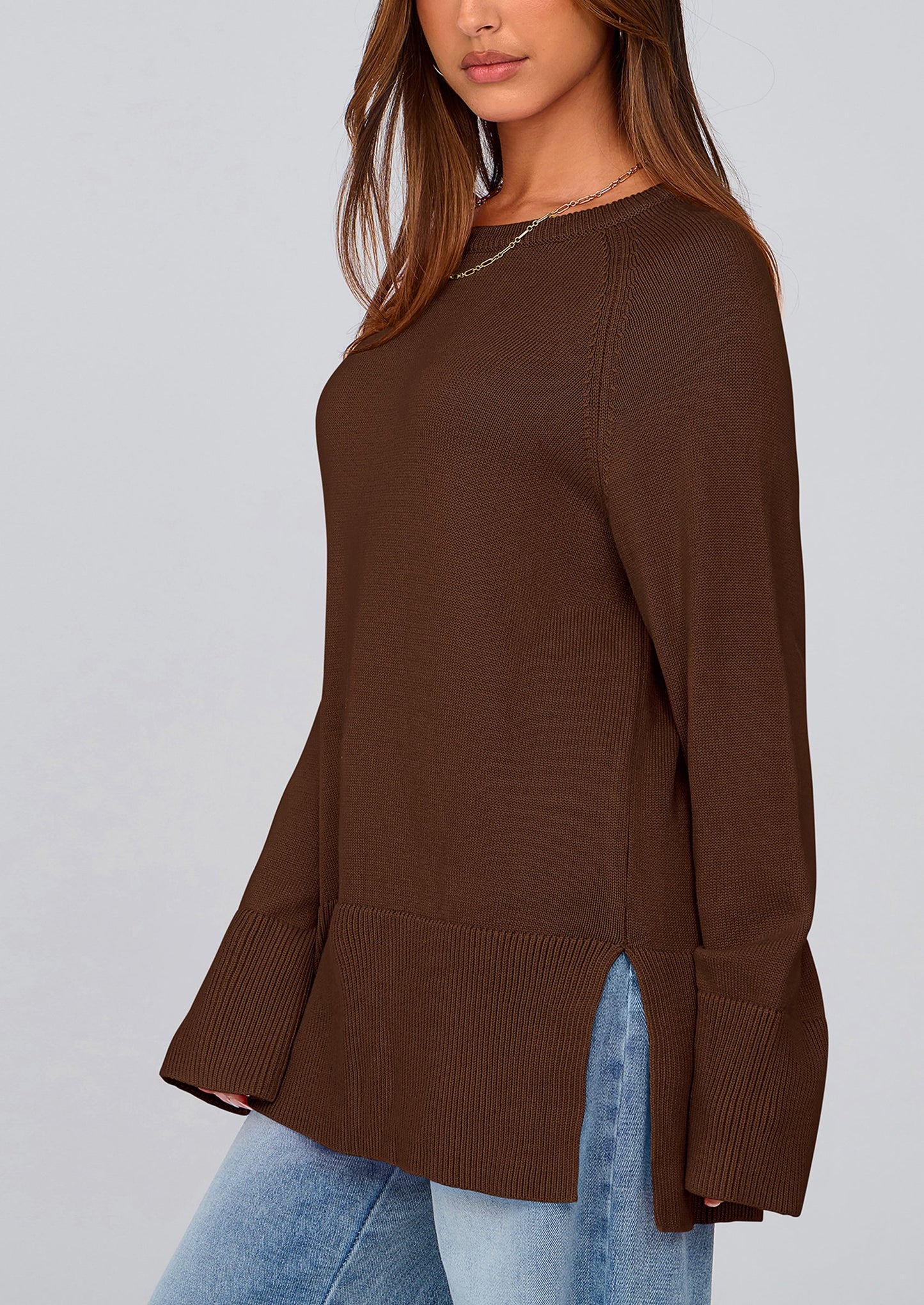 PRETTYGARDEN Women's Knit Fall Sweaters Long Sleeve Pullover Crewneck Split Hem Oversized Tunic Sweater Tops Winter Clothing