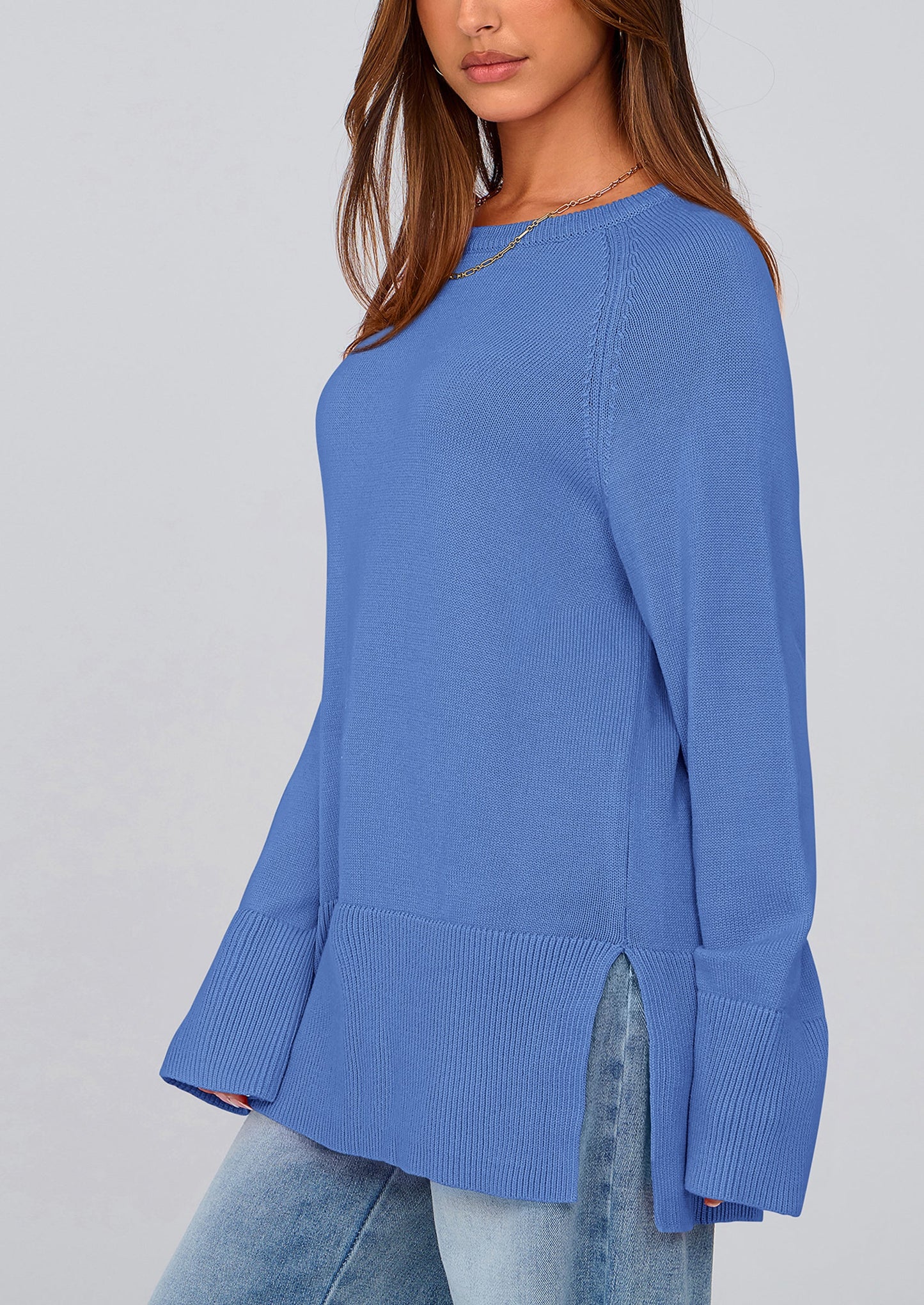 PRETTYGARDEN Women's Knit Fall Sweaters Long Sleeve Pullover Crewneck Split Hem Oversized Tunic Sweater Tops Winter Clothing