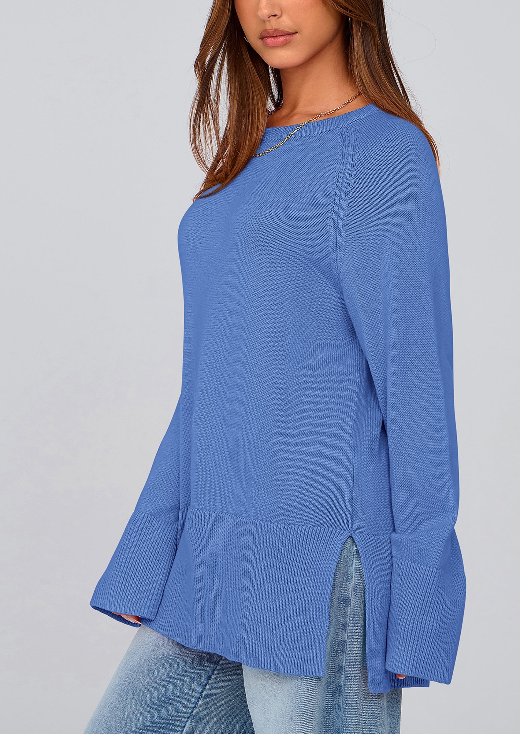 PRETTYGARDEN Women's Knit Fall Sweaters Long Sleeve Pullover Crewneck Split Hem Oversized Tunic Sweater Tops Winter Clothing