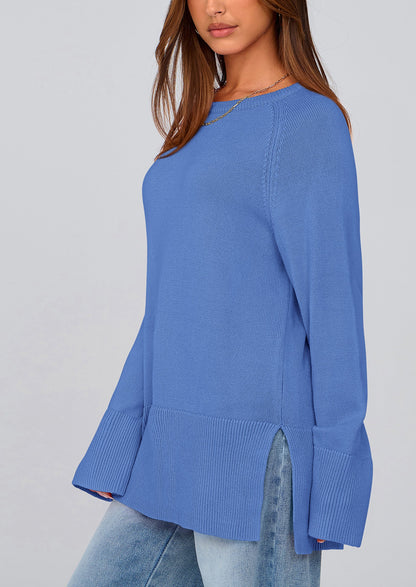 PRETTYGARDEN Women's Knit Fall Sweaters Long Sleeve Pullover Crewneck Split Hem Oversized Tunic Sweater Tops Winter Clothing