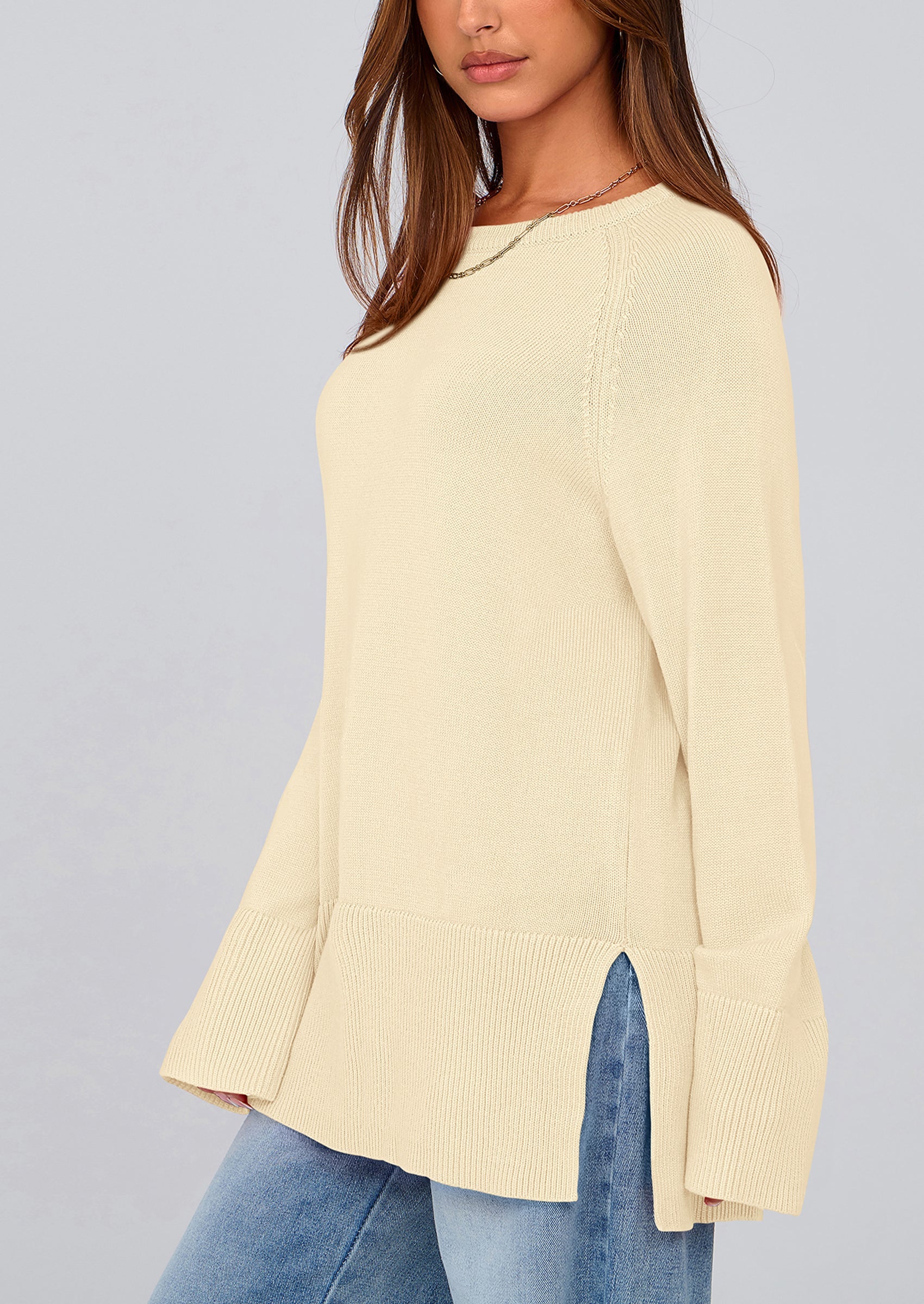 PRETTYGARDEN Women's Knit Fall Sweaters Long Sleeve Pullover Crewneck Split Hem Oversized Tunic Sweater Tops Winter Clothing