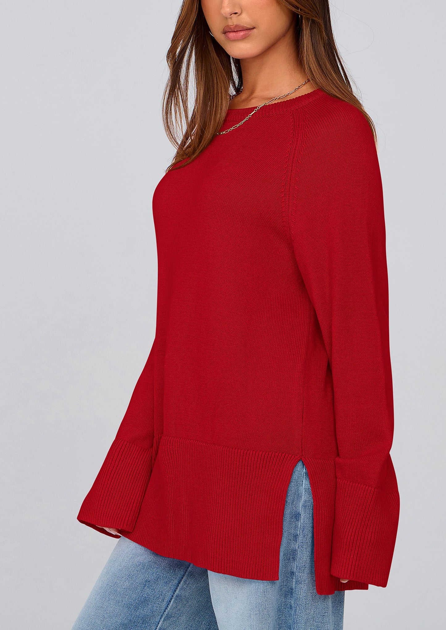 PRETTYGARDEN Women's Knit Fall Sweaters Long Sleeve Pullover Crewneck Split Hem Oversized Tunic Sweater Tops Winter Clothing