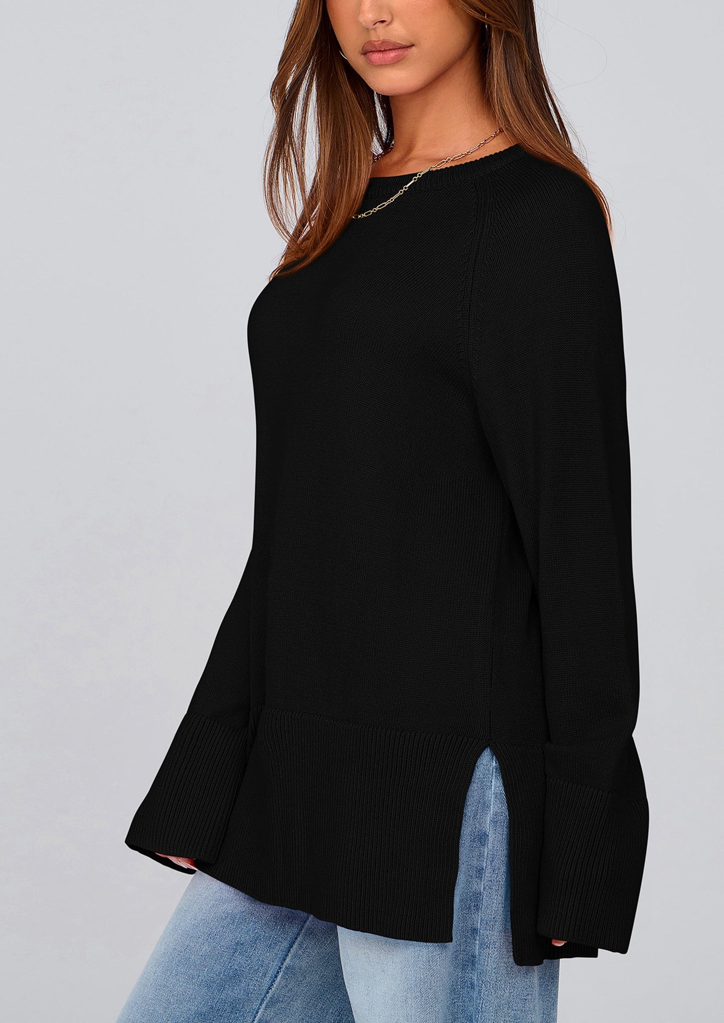 PRETTYGARDEN Women's Knit Fall Sweaters Long Sleeve Pullover Crewneck Split Hem Oversized Tunic Sweater Tops Winter Clothing