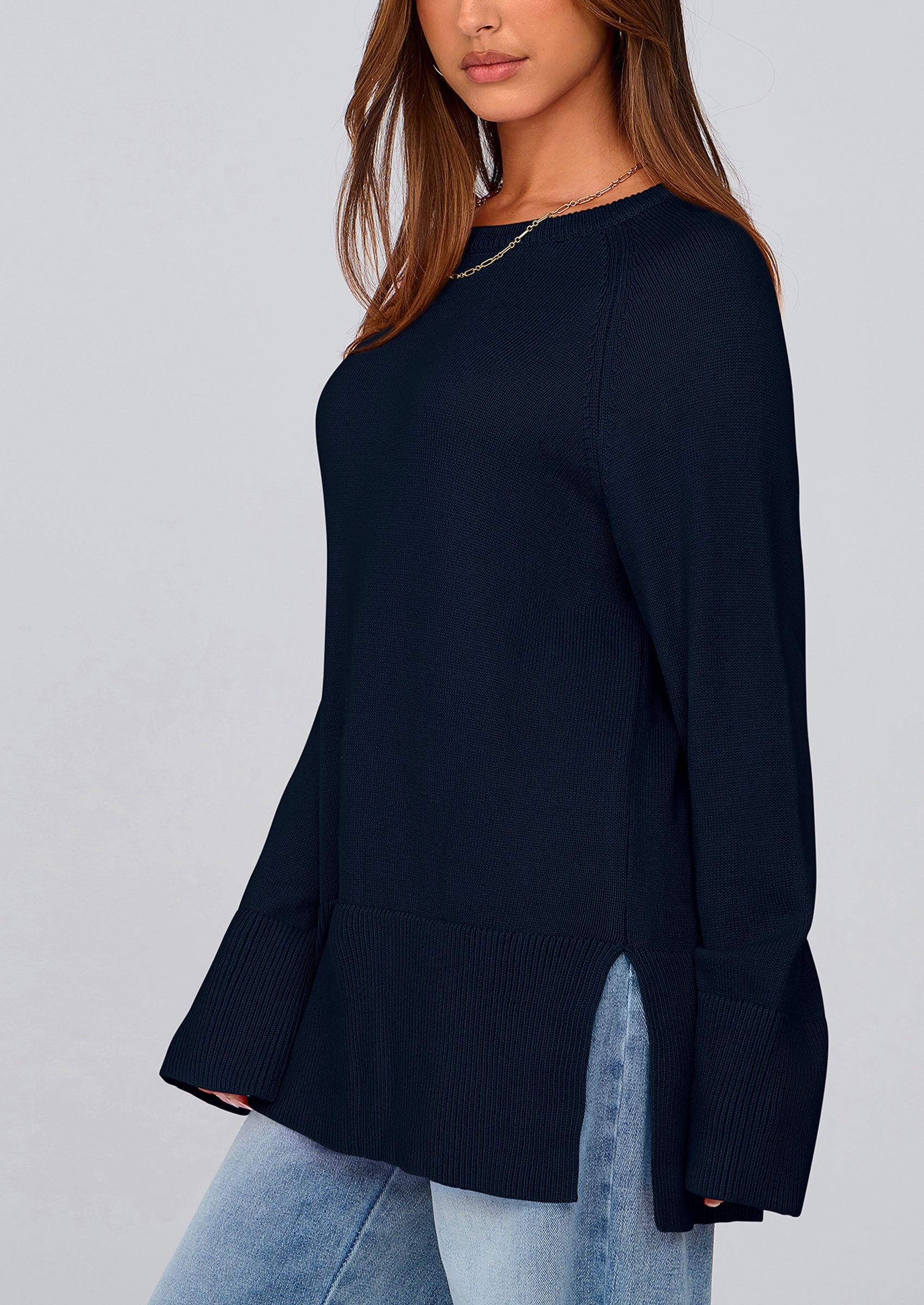 PRETTYGARDEN Women's Knit Fall Sweaters Long Sleeve Pullover Crewneck Split Hem Oversized Tunic Sweater Tops Winter Clothing