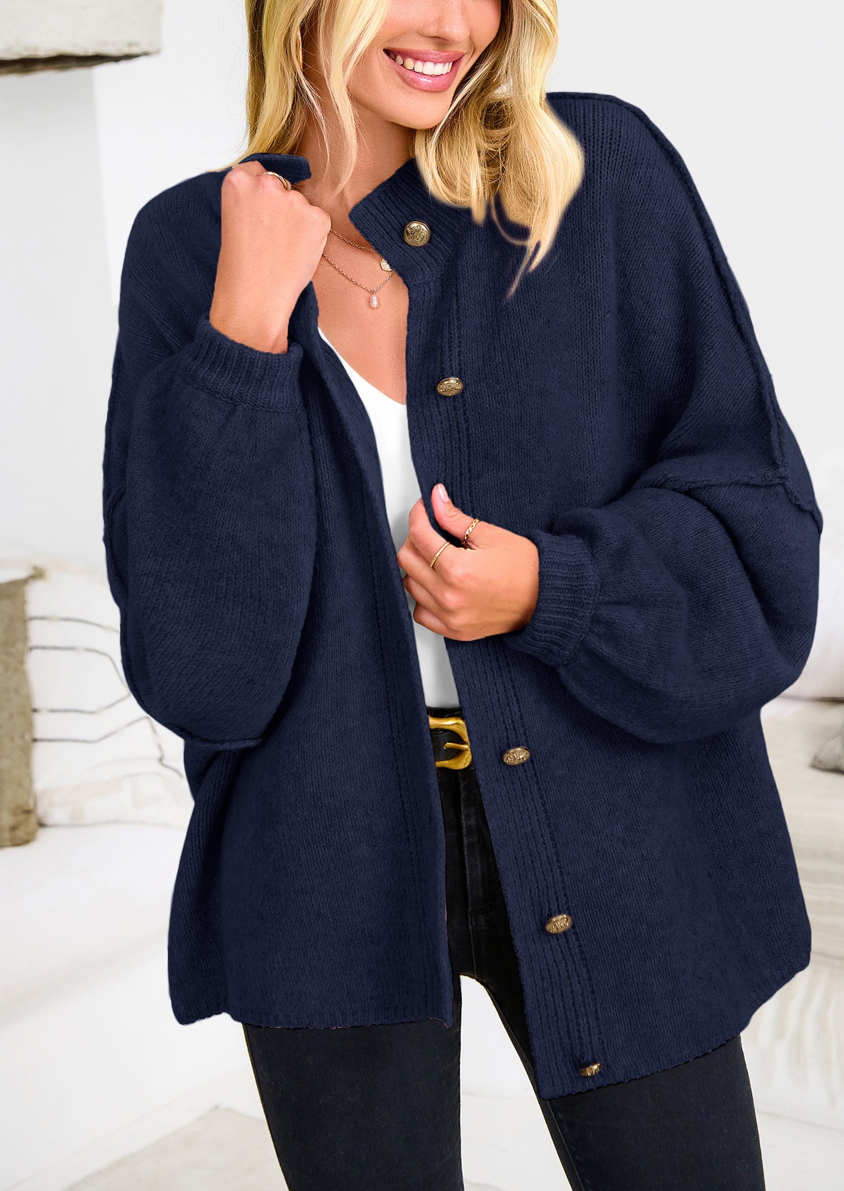 PRETTYGARDEN Women's Winter Button Down Cardigan Sweaters Mock Neck Lantern Long Sleeve Chunky Knit Jacket Trendy Outerwear