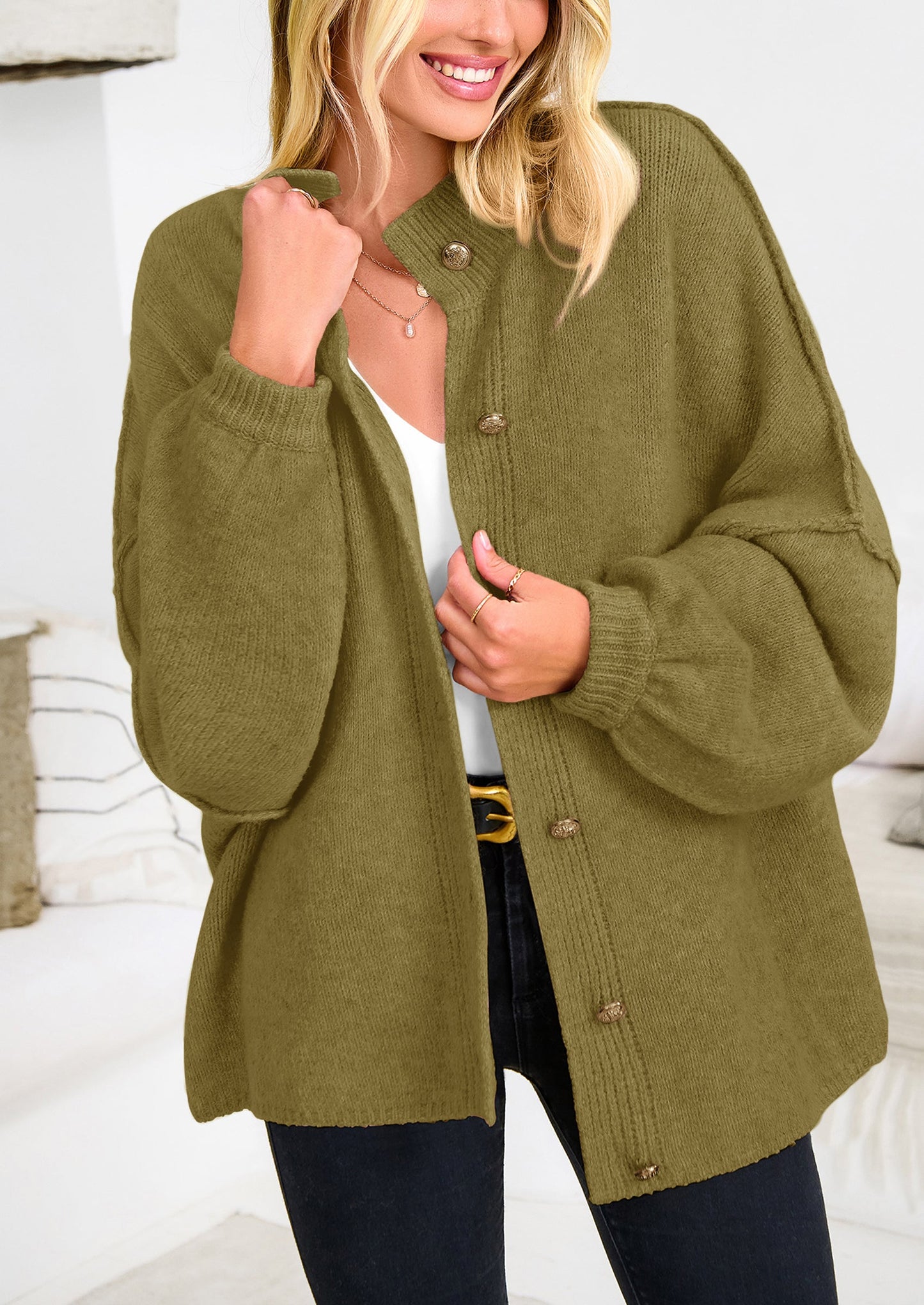 PRETTYGARDEN Women's Winter Button Down Cardigan Sweaters Mock Neck Lantern Long Sleeve Chunky Knit Jacket Trendy Outerwear