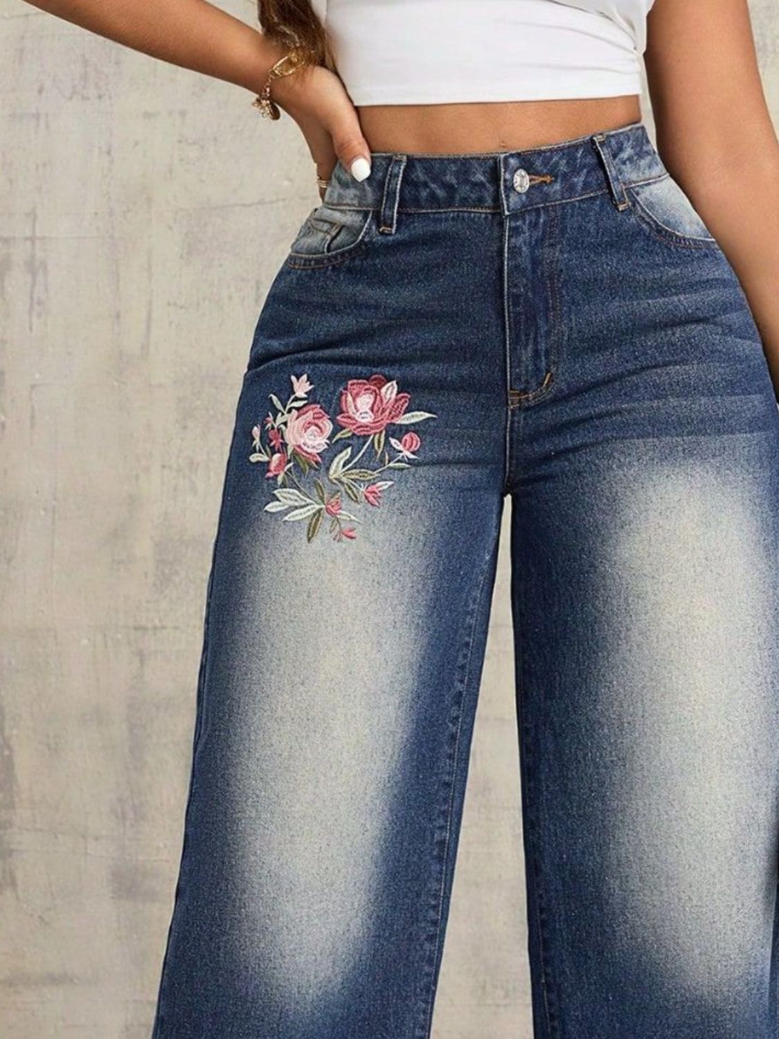 Embroidered Wide Leg Jeans