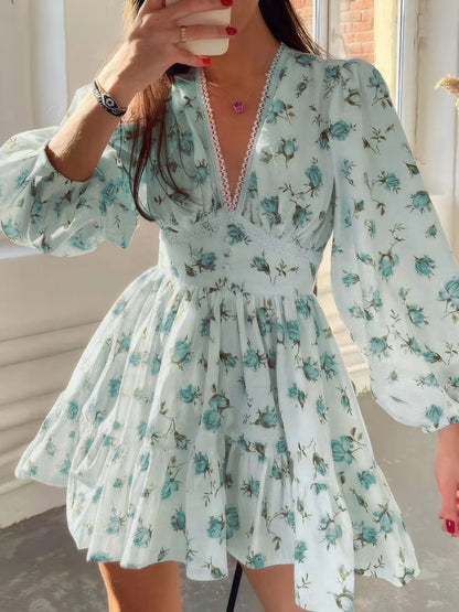Floral Print Lace Detail V-Neck Mini Dress