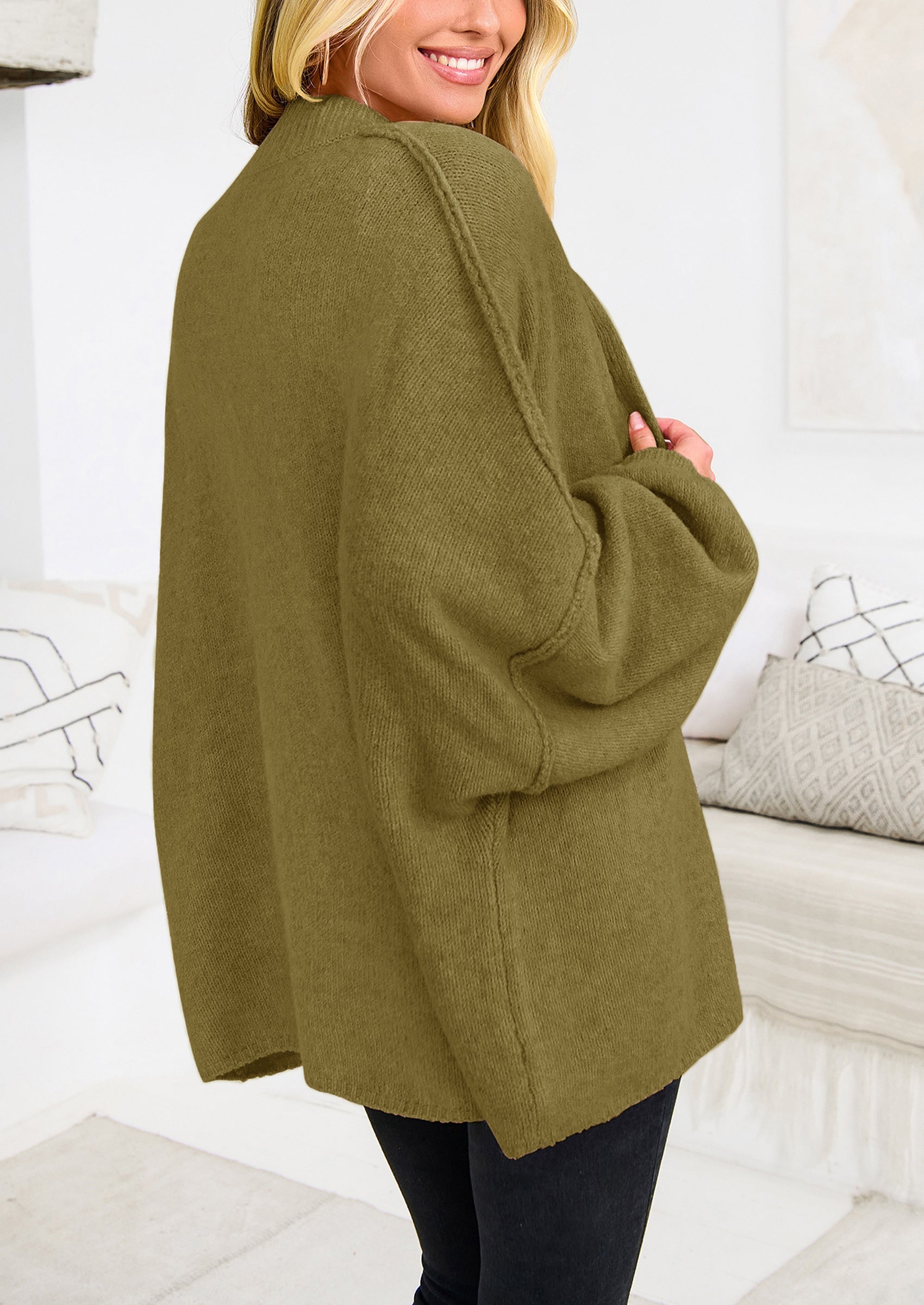 PRETTYGARDEN Women's Winter Button Down Cardigan Sweaters Mock Neck Lantern Long Sleeve Chunky Knit Jacket Trendy Outerwear