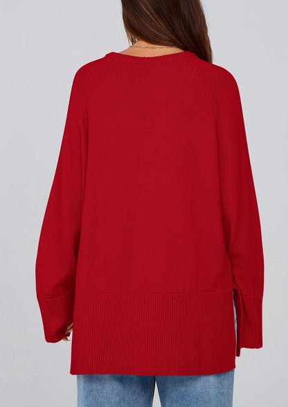 PRETTYGARDEN Women's Knit Fall Sweaters Long Sleeve Pullover Crewneck Split Hem Oversized Tunic Sweater Tops Winter Clothing