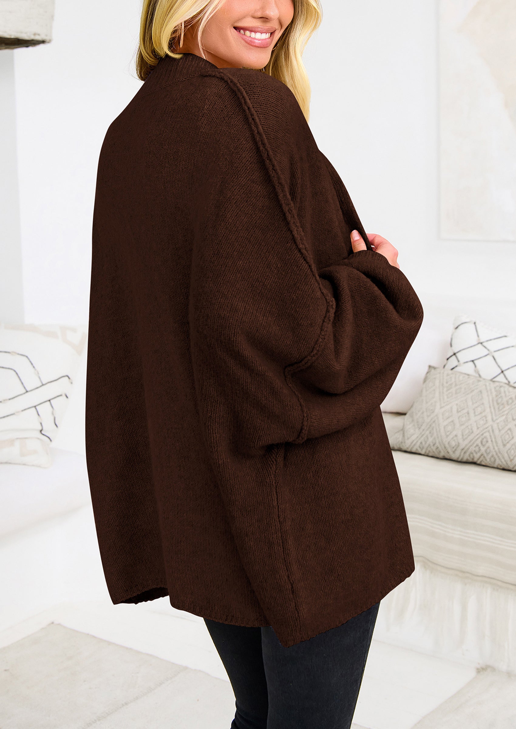 PRETTYGARDEN Women's Winter Button Down Cardigan Sweaters Mock Neck Lantern Long Sleeve Chunky Knit Jacket Trendy Outerwear