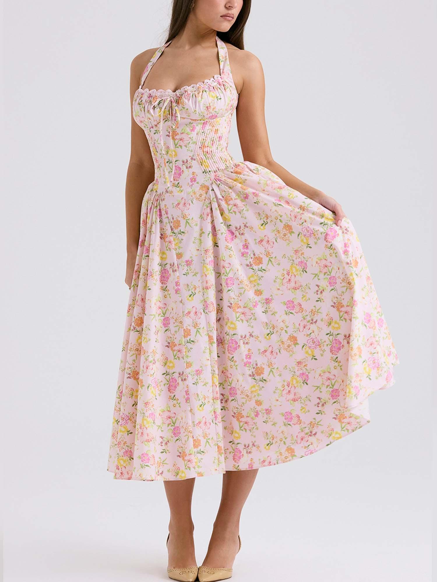 Romantic Floral Corset Midi Dress