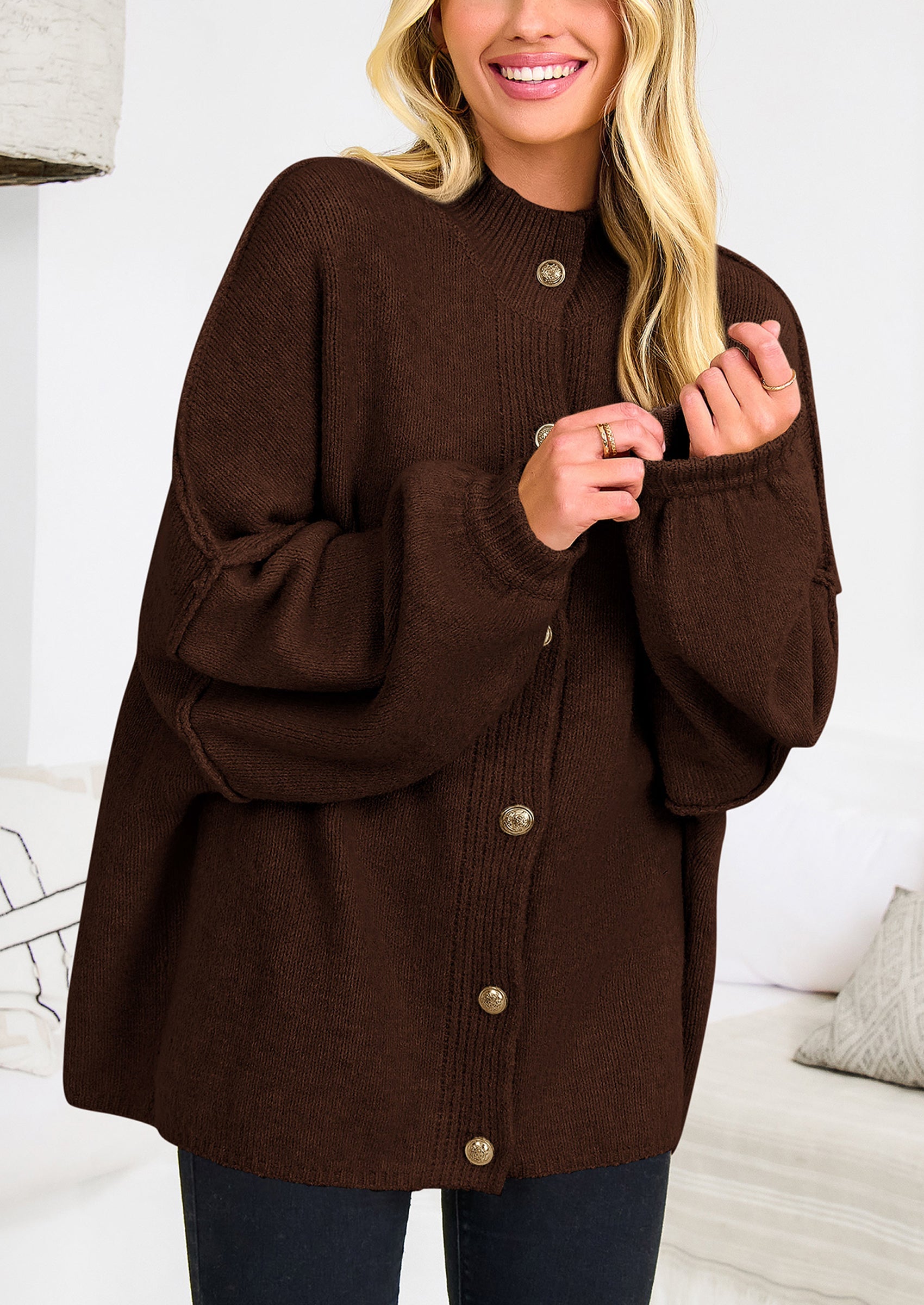 PRETTYGARDEN Women's Winter Button Down Cardigan Sweaters Mock Neck Lantern Long Sleeve Chunky Knit Jacket Trendy Outerwear