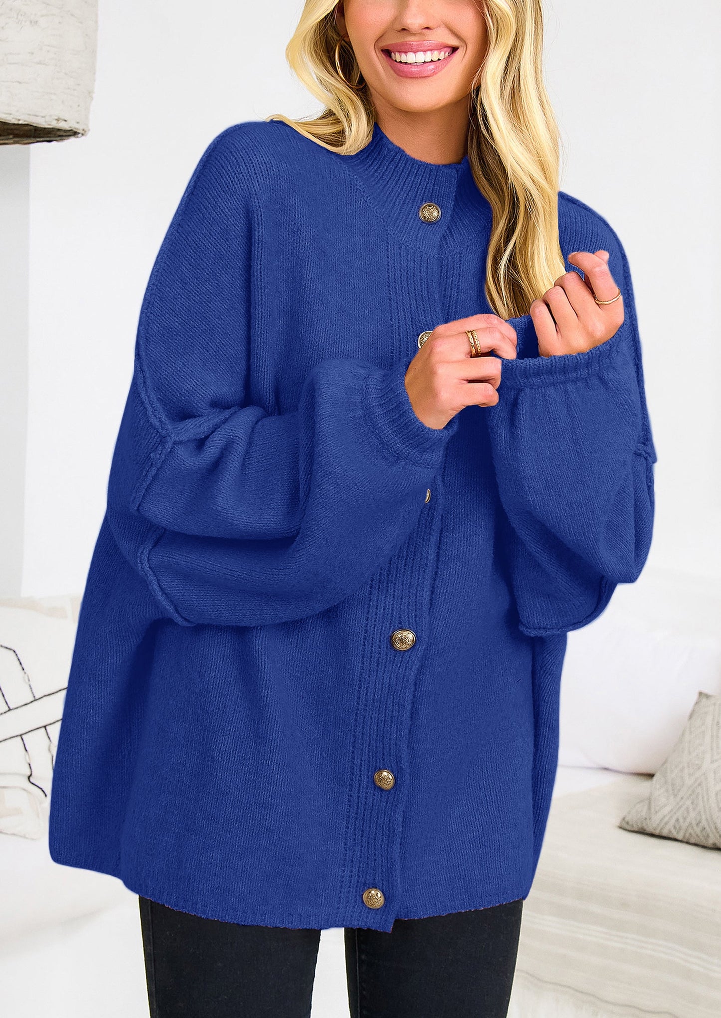 PRETTYGARDEN Women's Winter Button Down Cardigan Sweaters Mock Neck Lantern Long Sleeve Chunky Knit Jacket Trendy Outerwear